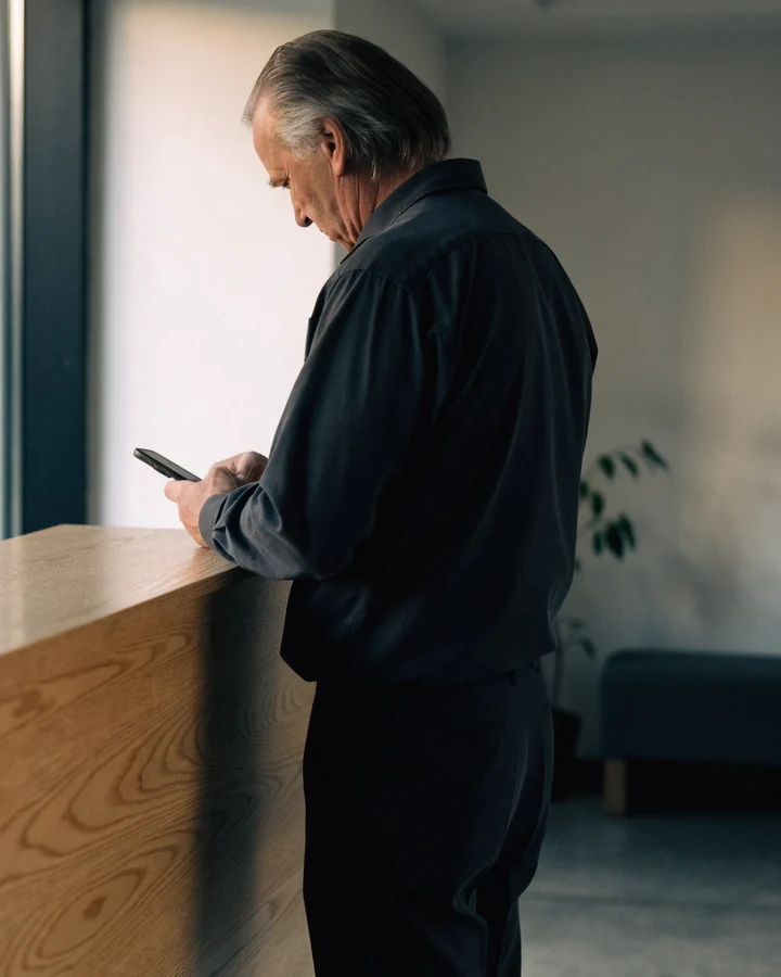 A hotel employee at a reception desk, looking at his phone in the morning light