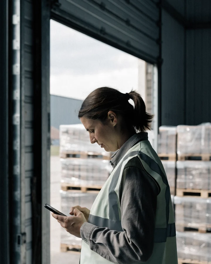 A warehouse worker in a high-visibility vest checking her phone beside an open loading dock
