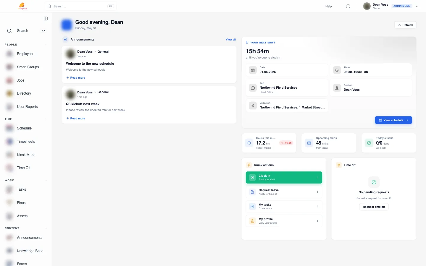 Celtucom admin dashboard showing the day's shifts, hours and announcements