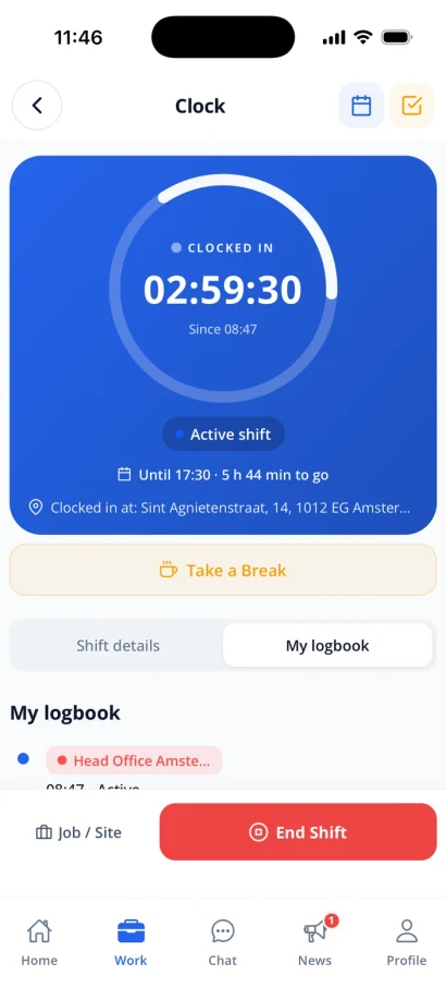 Celtucom on mobile showing the next shift