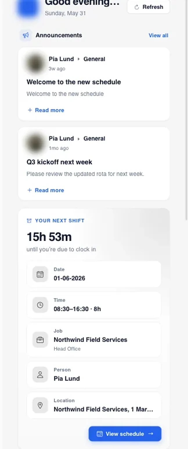 Celtucom on mobile showing the next shift