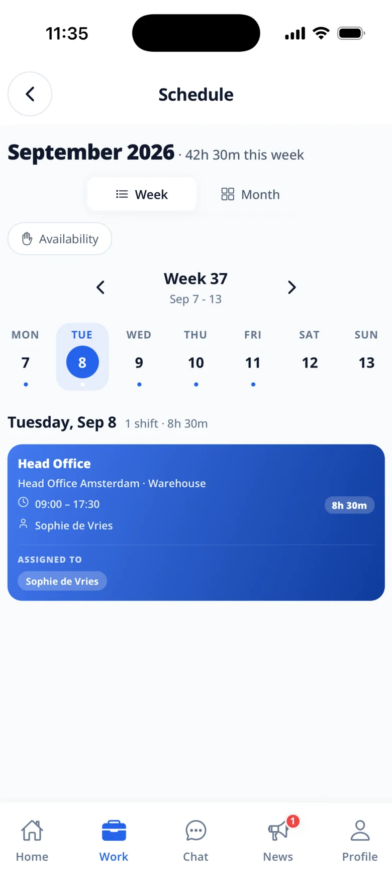 Celtucom mobile home screen showing the next shift details