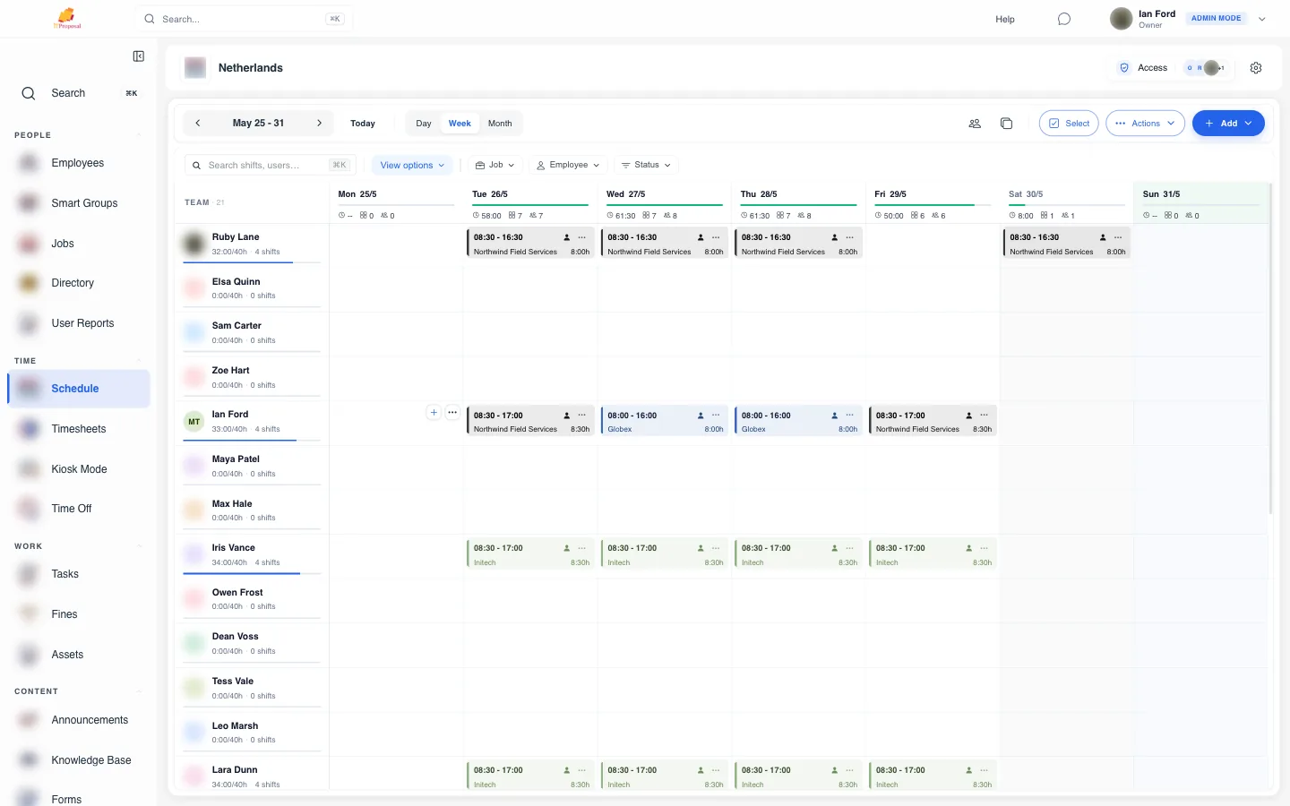 Week schedule with color-coded shifts per employee