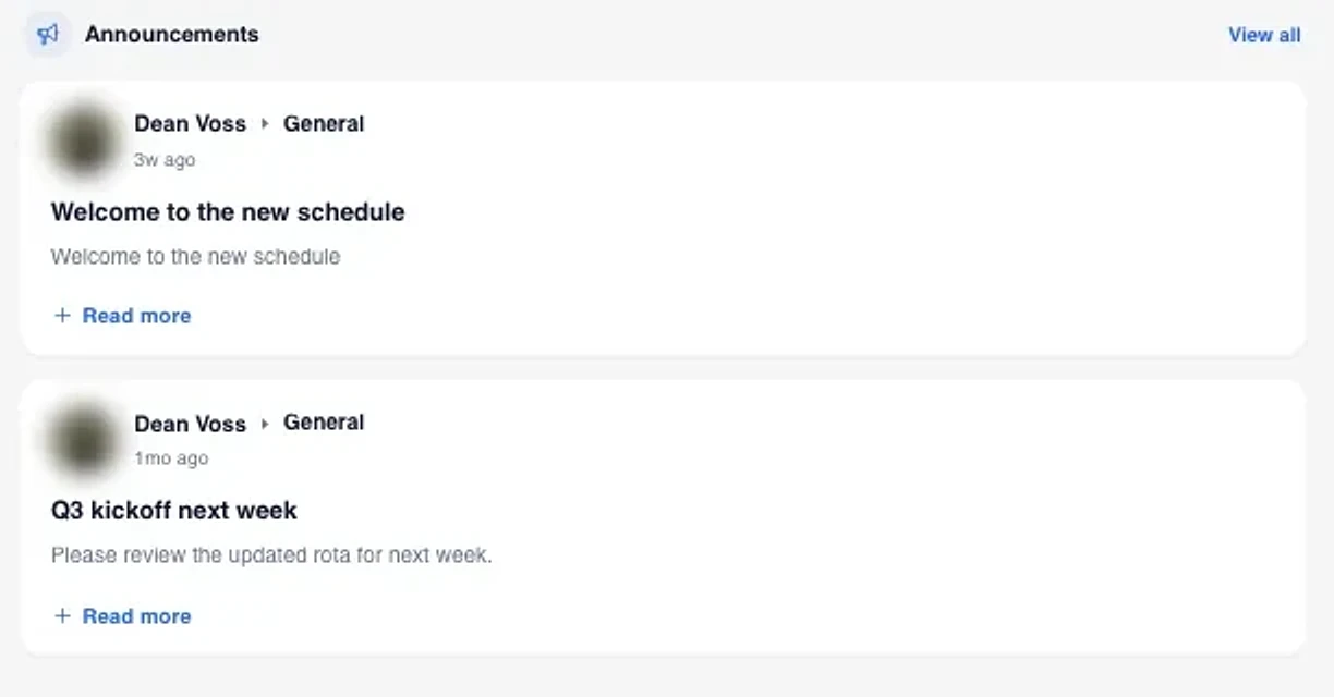 Company announcements feed on the home screen with the latest posts