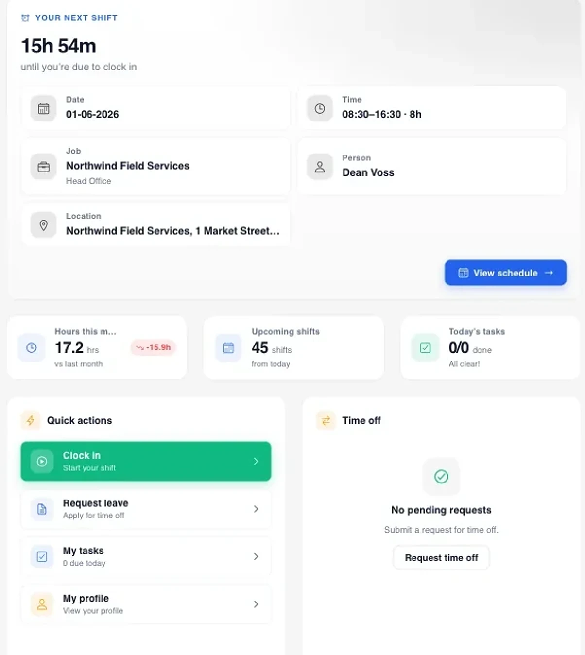 The home screen: next shift details with a one-tap Clock in action and time-off status