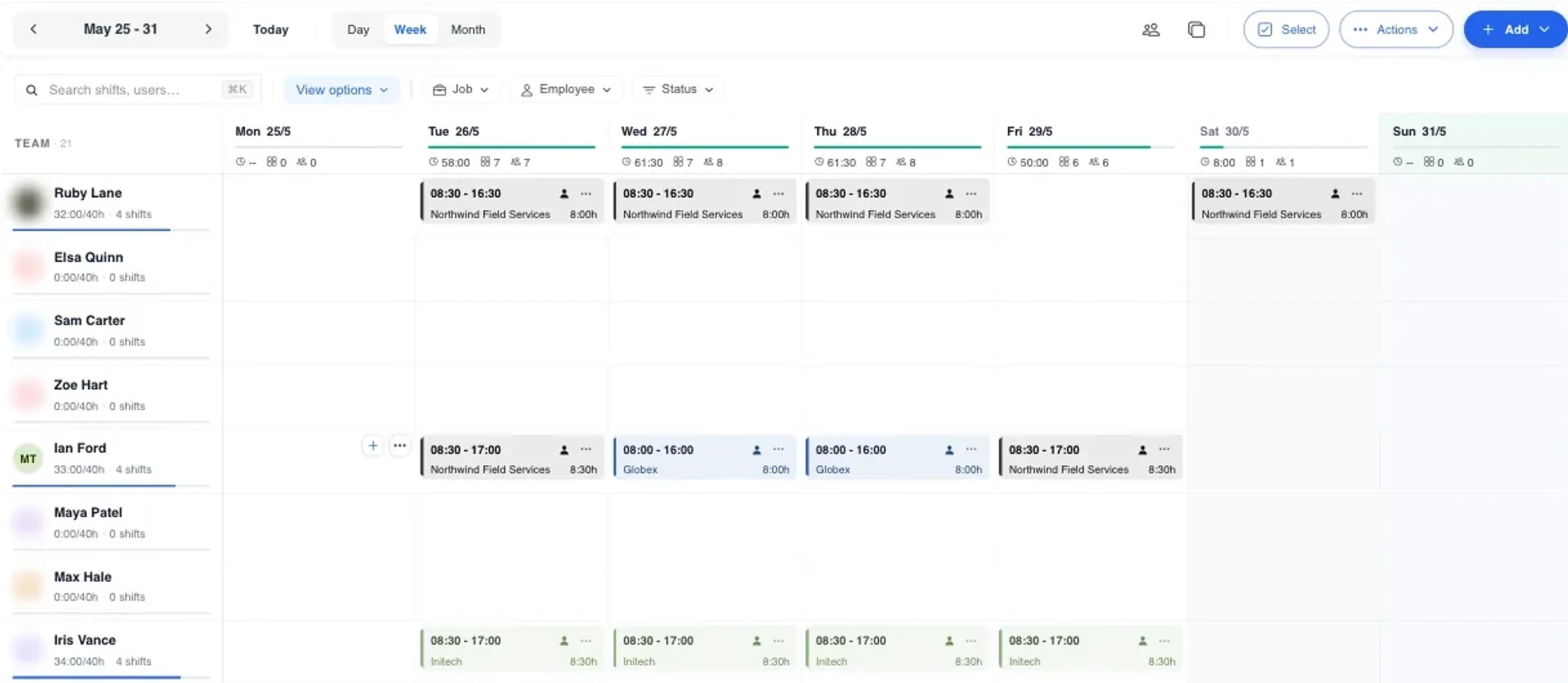 Weekly team schedule grid with color-coded shift blocks across employees and days